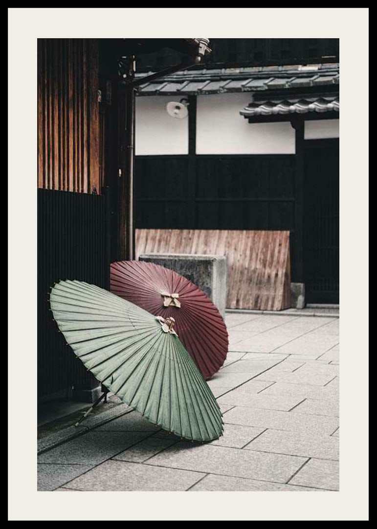 Photograph of red and green Japanese parasol against wooden facade-12