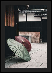 Photograph of red and green Japanese parasol against wooden facade-4