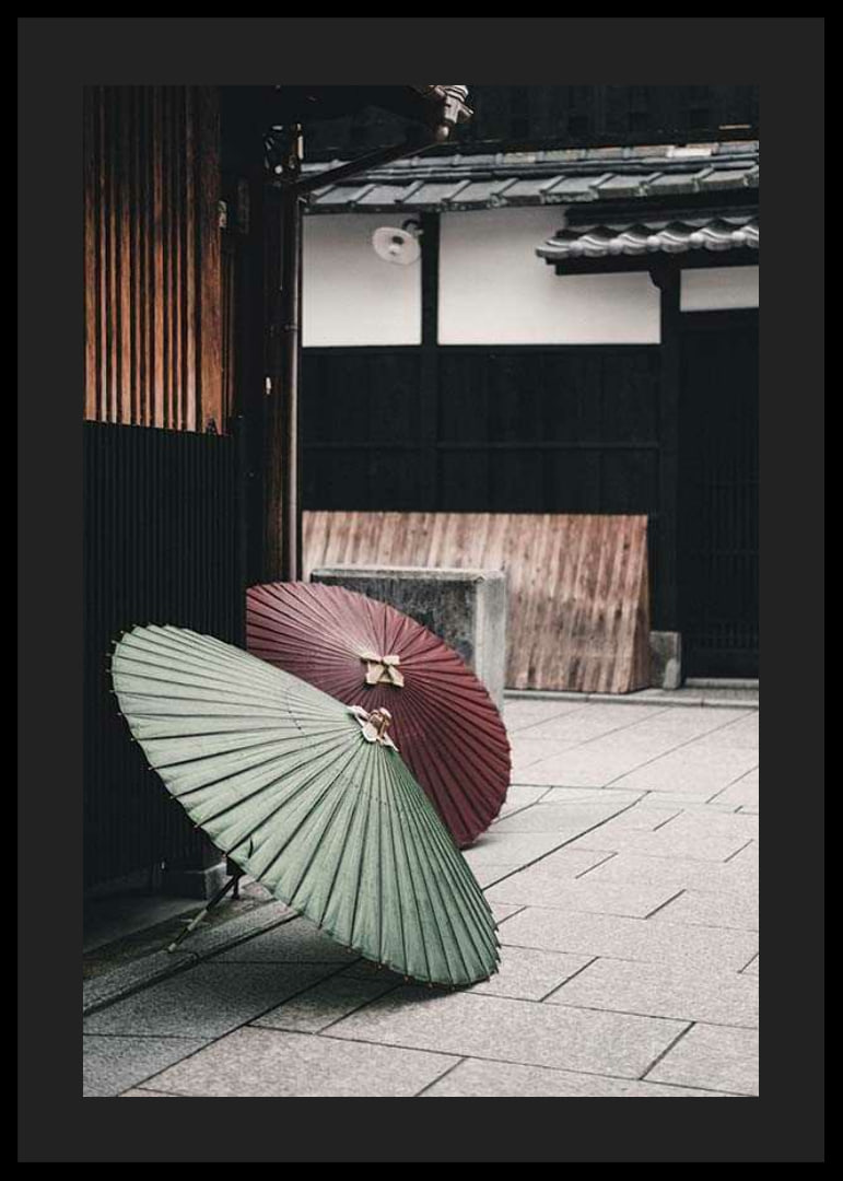 Photograph of red and green Japanese parasol against wooden facade-12