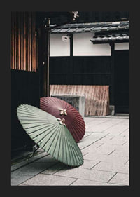 Photograph of red and green Japanese parasol against wooden facade-5