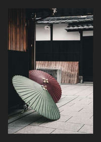 Fotografi av rött och grönt japanskt parasoll mot träfasad-5