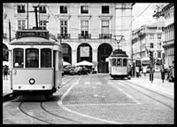 Black and white photograph of two classic trams in Lisbon-6