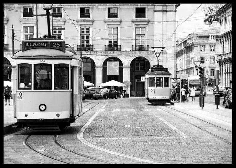 Black and white photograph of two classic trams in Lisbon-12