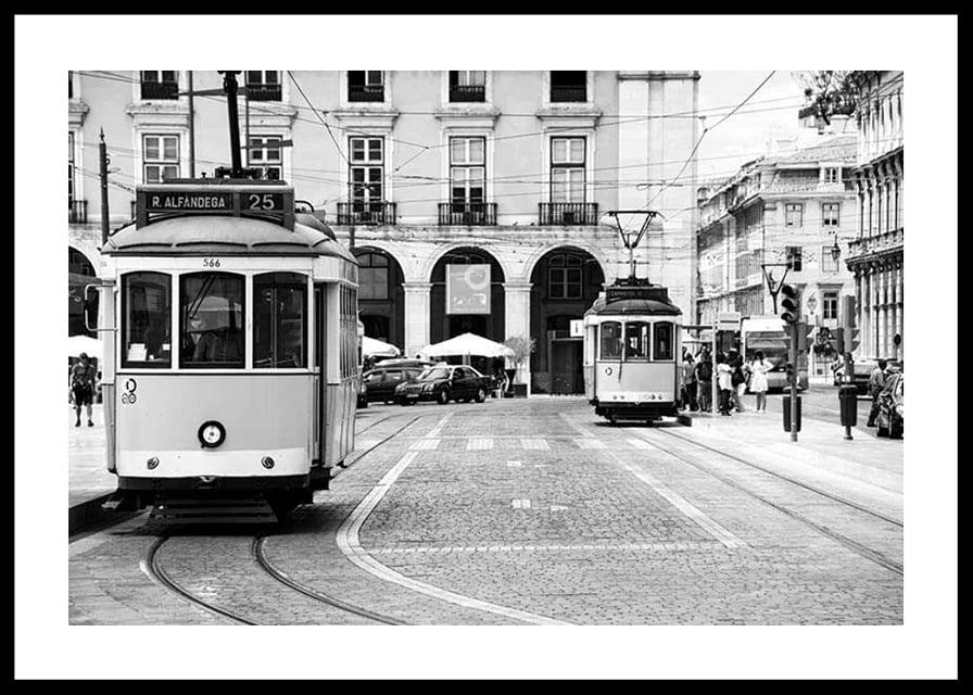 Black and white photograph of two classic trams in Lisbon-12