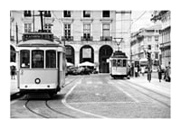 Black and white photograph of two classic trams in Lisbon-1