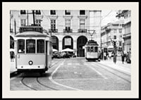 Black and white photograph of two classic trams in Lisbon-2