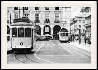 Black and white photograph of two classic trams in Lisbon-2