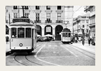 Black and white photograph of two classic trams in Lisbon-3