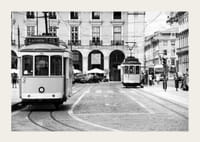 Black and white photograph of two classic trams in Lisbon-3