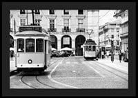 Black and white photograph of two classic trams in Lisbon-4
