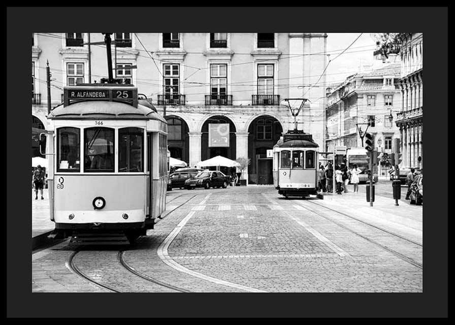 Black and white photograph of two classic trams in Lisbon-12