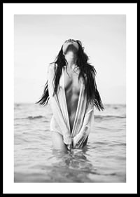 Black and white photograph of woman with wet hair in the ocean-0