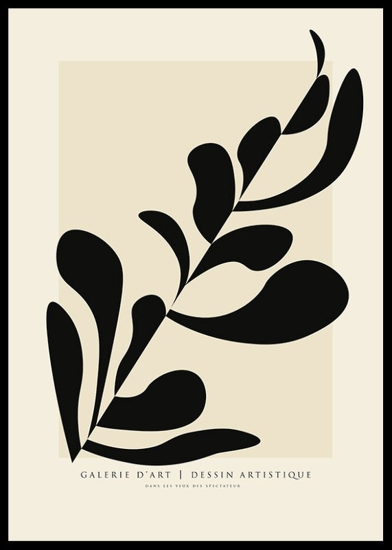 Abstrakt svart bladform mot beige rektangel, minimalistisk stil-12