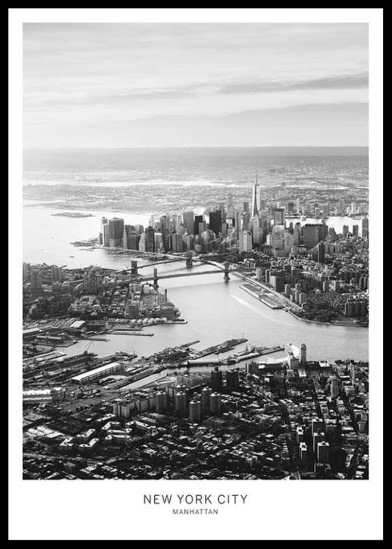 Svartvitt flygfoto över Manhattan med broar och skyline-12
