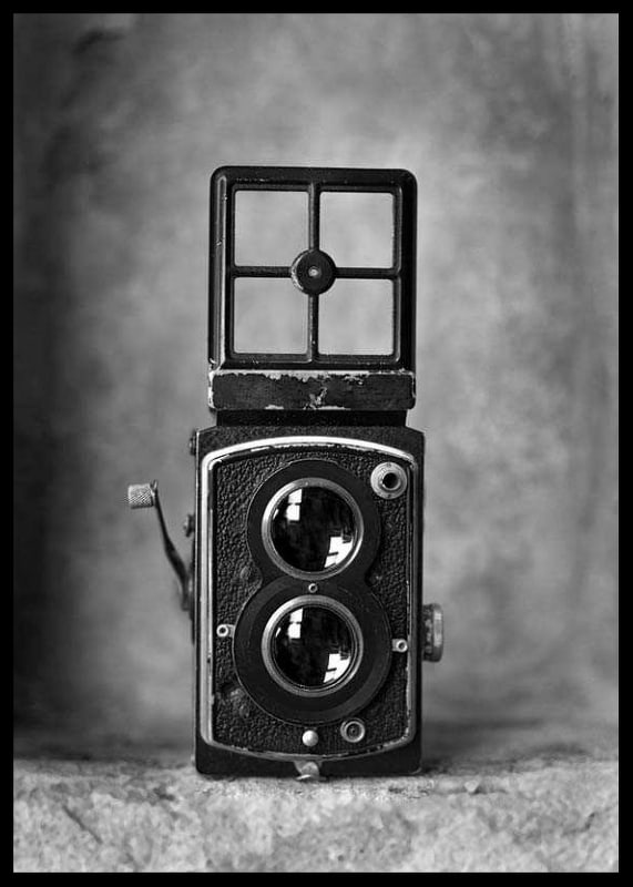 Svartvit fotografi av en vintage tvåögd kamera i närbild-12