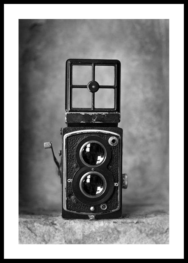 Svartvit fotografi av en vintage tvåögd kamera i närbild-12