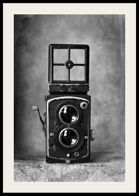 Svartvit fotografi av en vintage tvåögd kamera i närbild-2