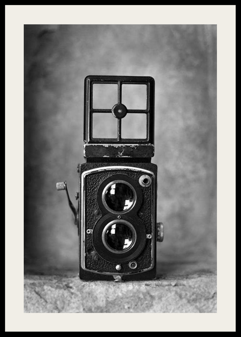 Svartvit fotografi av en vintage tvåögd kamera i närbild-12