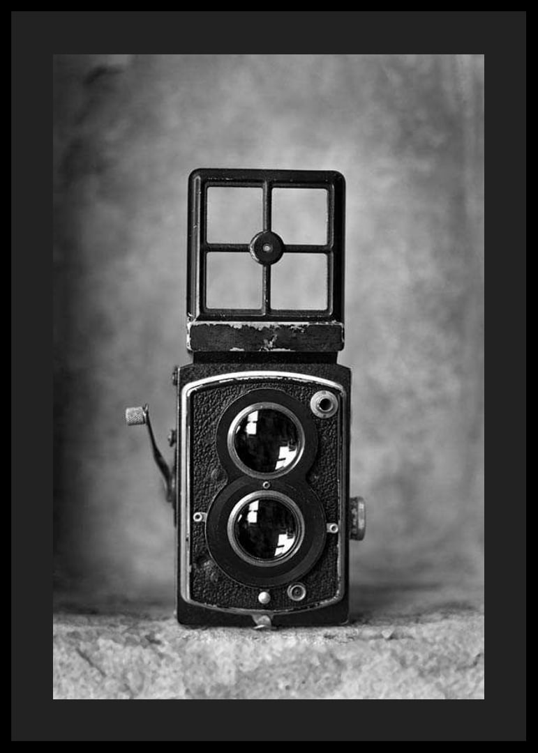 Svartvit fotografi av en vintage tvåögd kamera i närbild-12