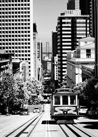 Black and white photo of streetcar on steep street in San Francisco-7