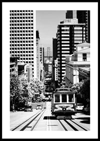 Black and white photo of streetcar on steep street in San Francisco-0