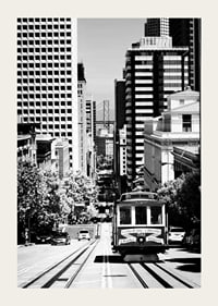 Black and white photo of streetcar on steep street in San Francisco-3