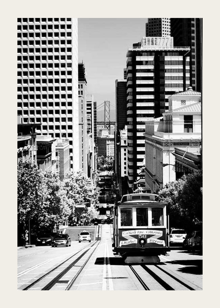 Black and white photo of streetcar on steep street in San Francisco-12
