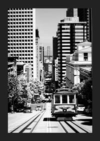 Black and white photo of streetcar on steep street in San Francisco-5
