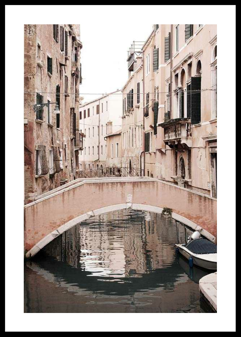 Photograph of Venetian bridge over narrow canal, muted pastels-12