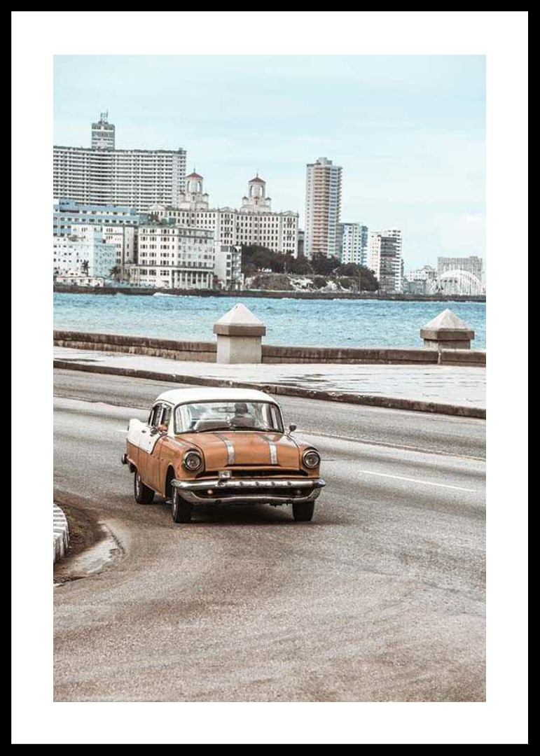 Photograph of orange and white vintage car on boardwalk-12