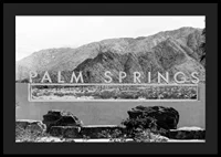 Black and white photo of Palm Springs sign with mountains in the background-4
