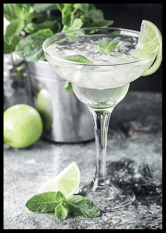 Photograph of margarita in glass with lime and mint leaves-12