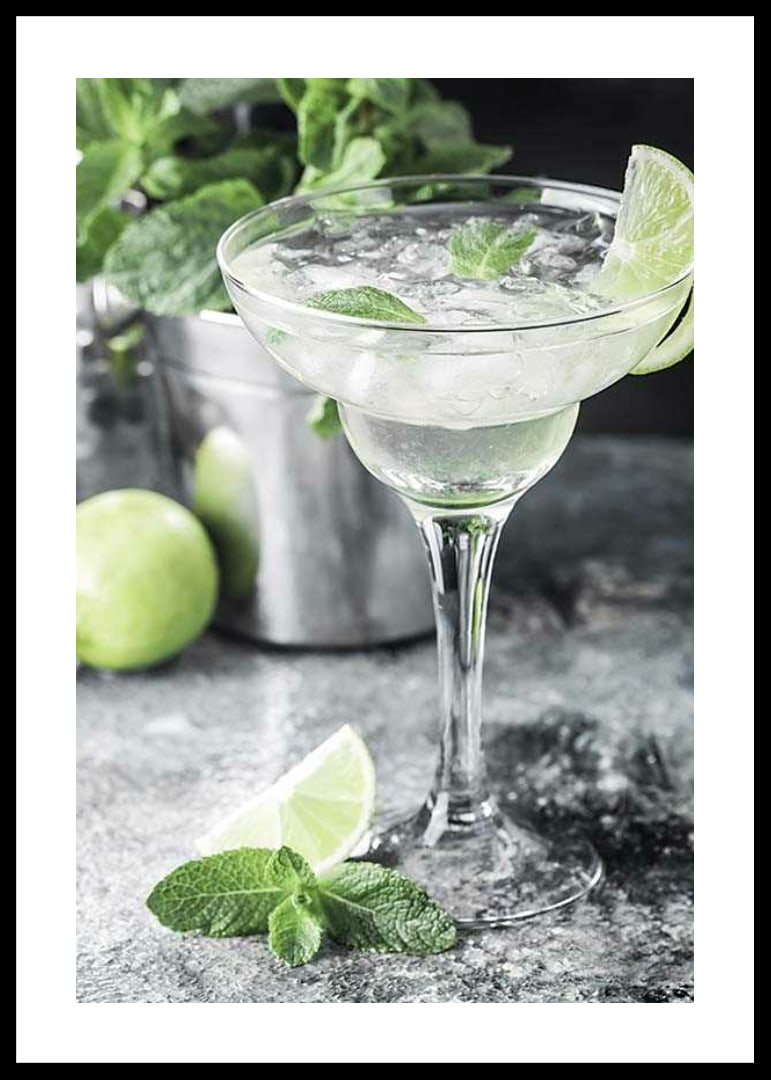 Photograph of margarita in glass with lime and mint leaves-12