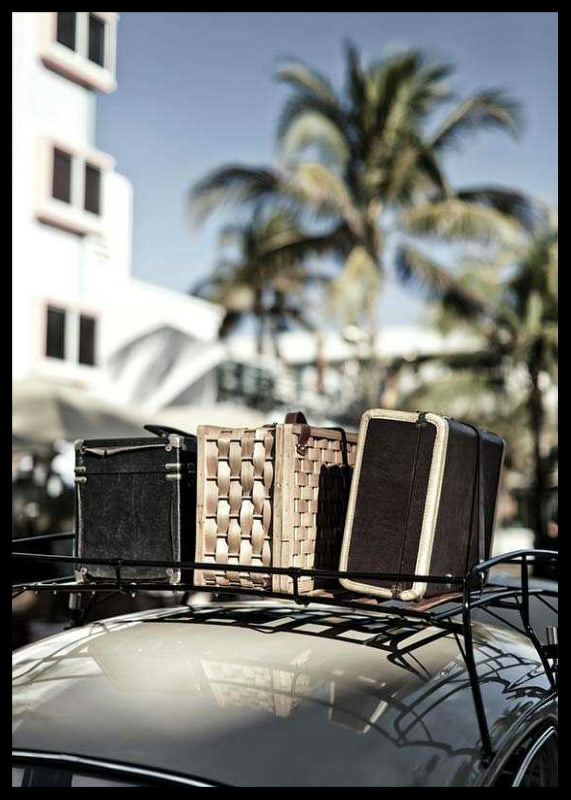 Photographic view of old suitcases on car under palm trees-12