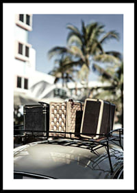Photographic view of old suitcases on car under palm trees-0