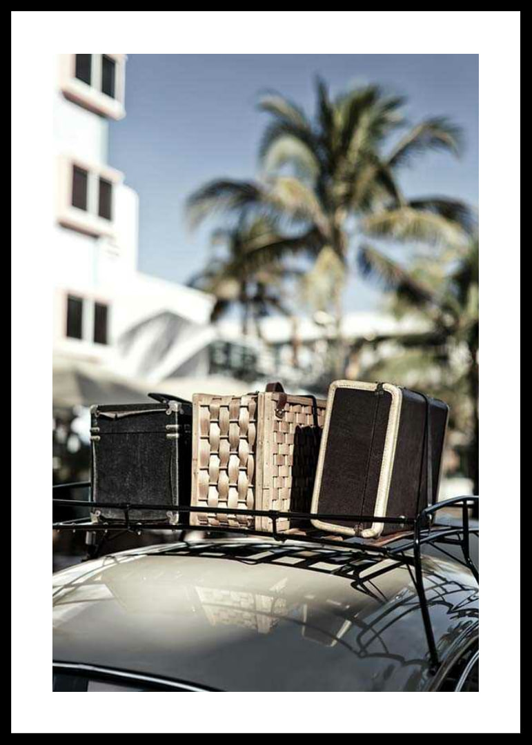 Photographic view of old suitcases on car under palm trees-12