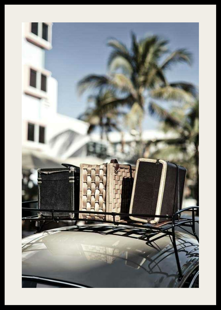 Photographic view of old suitcases on car under palm trees-12