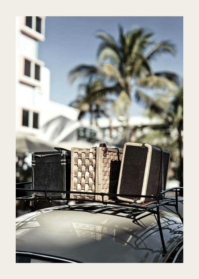 Fotografische weergave van oude koffers op een auto onder palmbomen-12