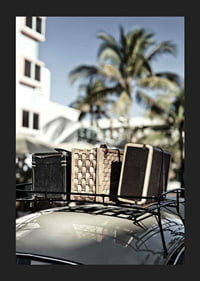 Photographic view of old suitcases on car under palm trees-5
