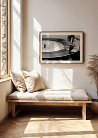 Black and white close-up of vinyl player with vinyl record on it-8