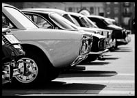 Black and white photography of classic cars in a row in a parking lot-6