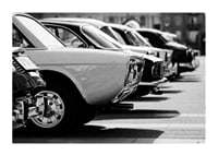 Black and white photography of classic cars in a row in a parking lot-1