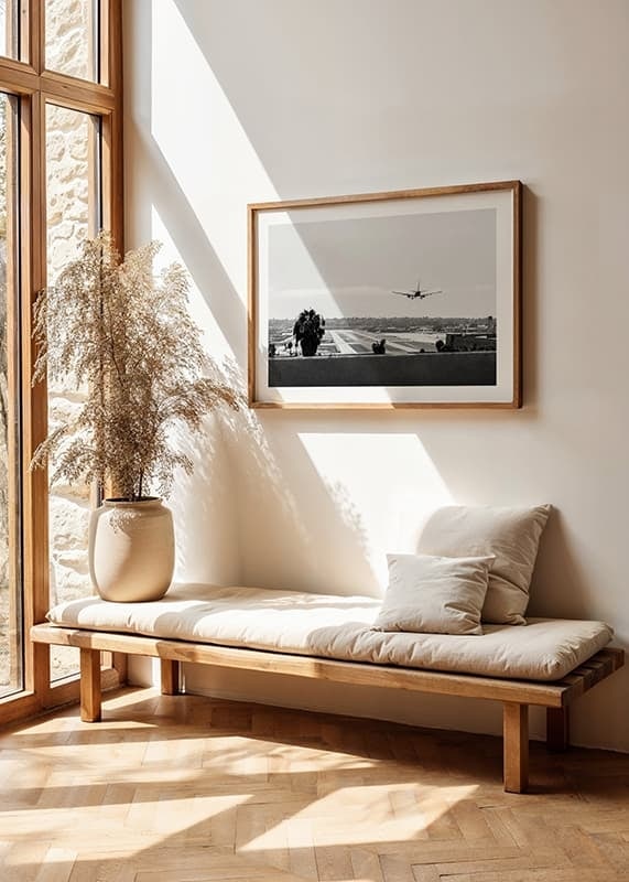 Svartvitt fotografi av flygplan som landar på lång landningsbana-12