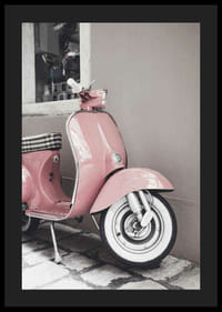 Photograph of pink Vespa scooter in retro style against wall-4