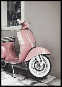 Photograph of pink Vespa scooter in retro style against wall-6