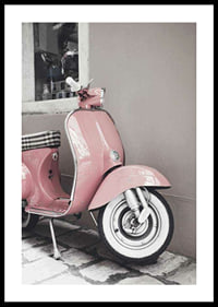 Photograph of pink Vespa scooter in retro style against wall-0