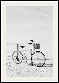 Black and white beach scene with retro bicycle and bicycle basket-2