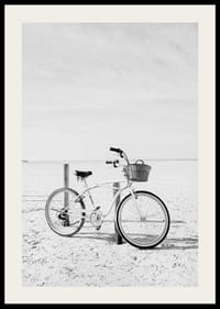 Black and white beach scene with retro bicycle and bicycle basket-2