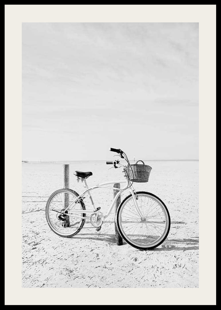Black and white beach scene with retro bicycle and bicycle basket-12