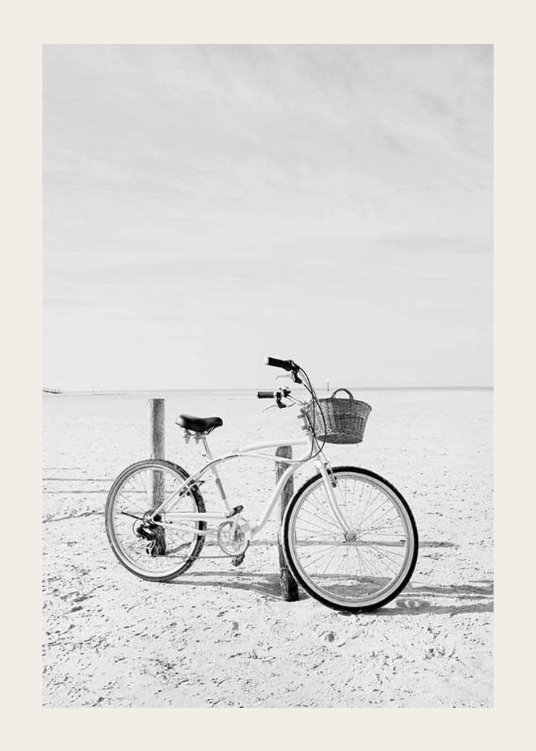 Black and white beach scene with retro bicycle and bicycle basket-12